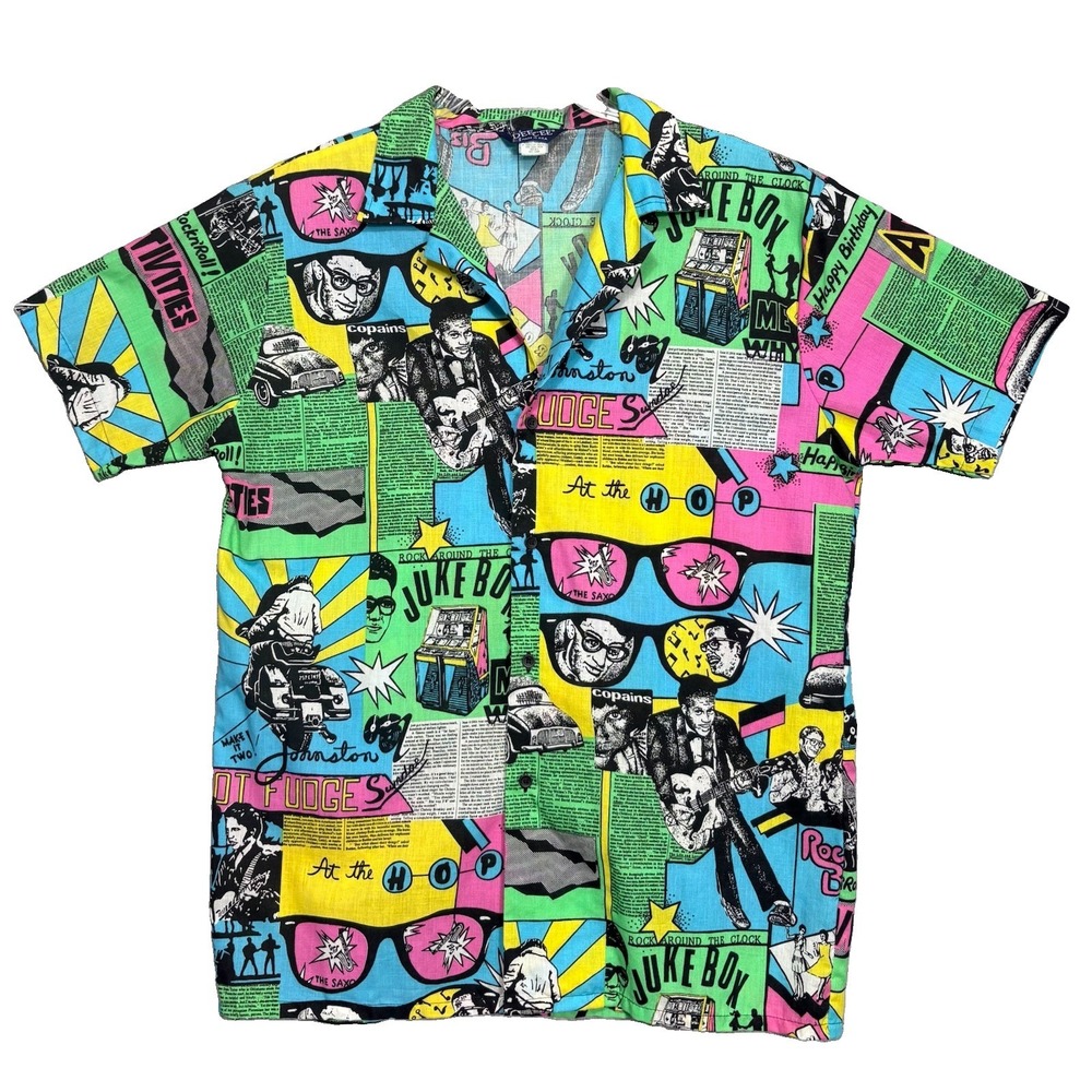 Dee Cee Rockabilly 80s Camp Shirt Mens L Pop Art Rock N Roll Jukebox 50s Vintage